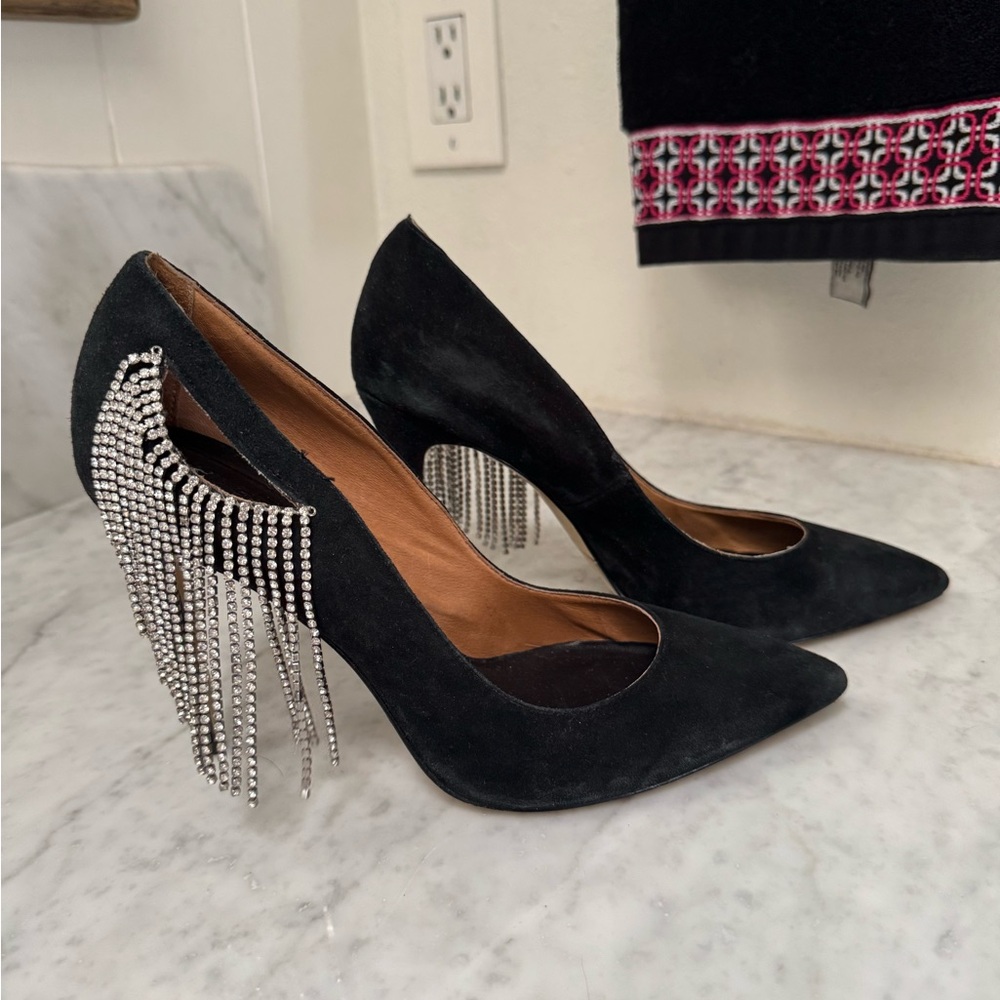 Jaggar The Label Black Suede Heels with Rhinestone fringe